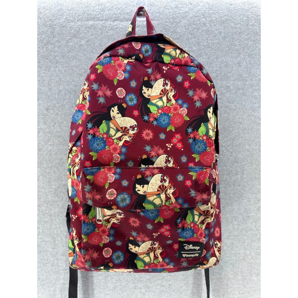 Disney Loungefly Mulan Backpack Maroon Floral Print Nylon Zip Up Pockets